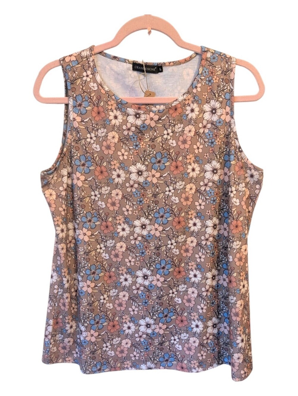 Orandesigne Brown Floral Tank Top Size Large New